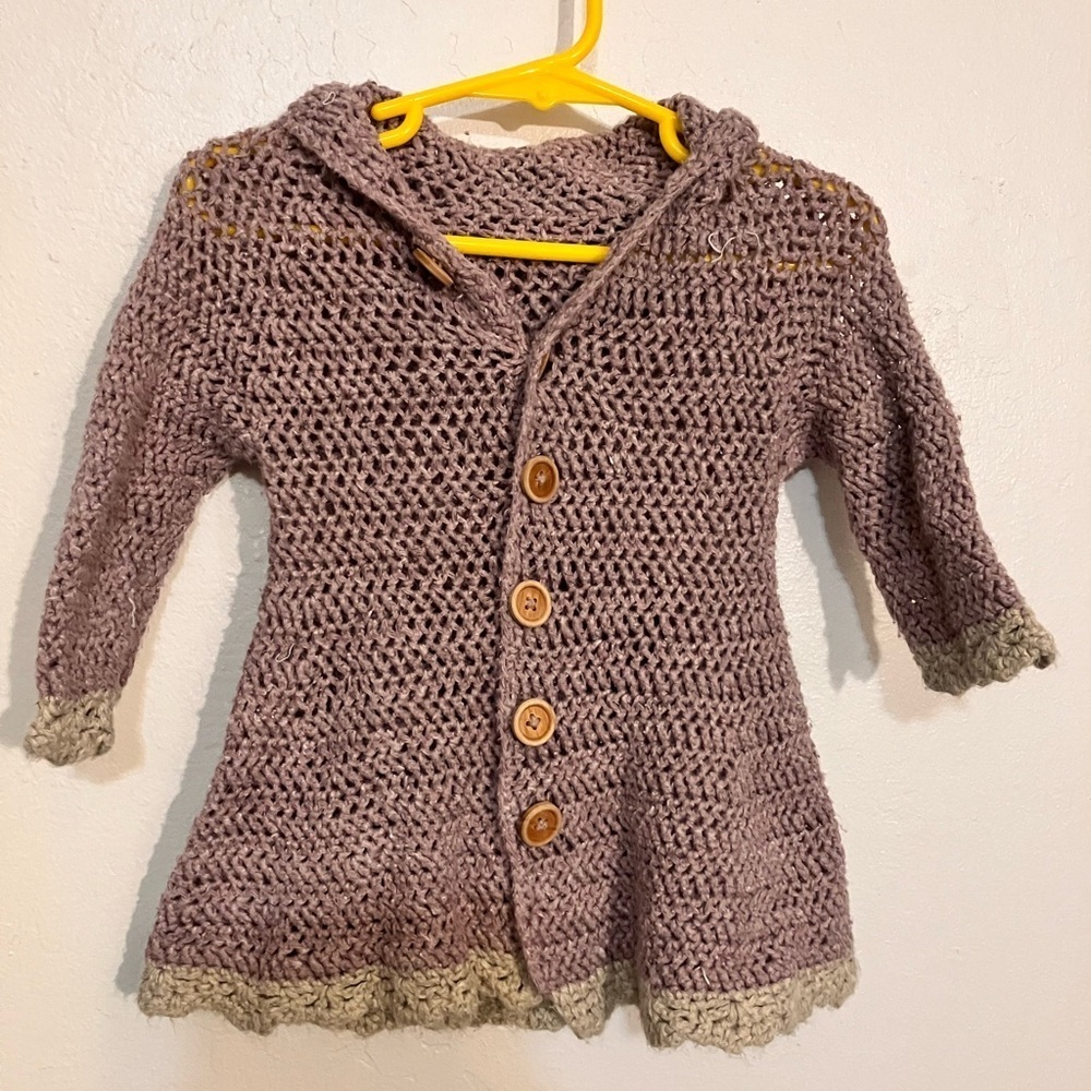Sweater petticoat over coat hand crochet with back now purple gray 2 years
